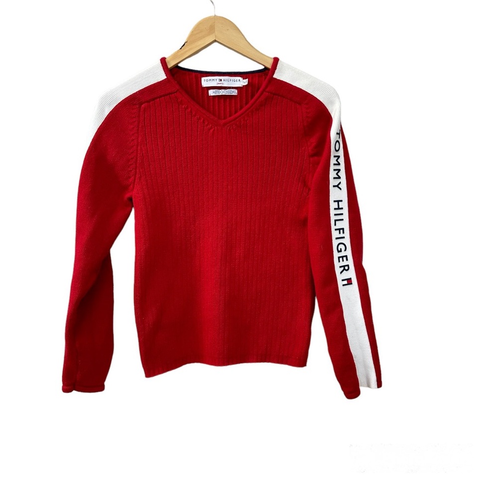 Tommy Hilfiger Sweater Y2K Red White Striped Spell Out‎ V Neck Women’s Sz Large